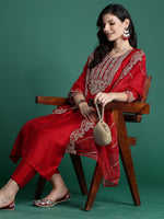 Thumbnail for Indo Era Red Embroidered Straight Kurta Trousers With Dupatta set - Distacart