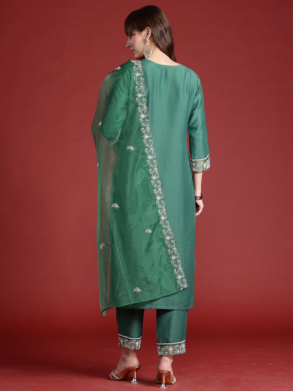 Indo Era Green Embroidered Straight Kurta Trousers With Dupatta set - Distacart