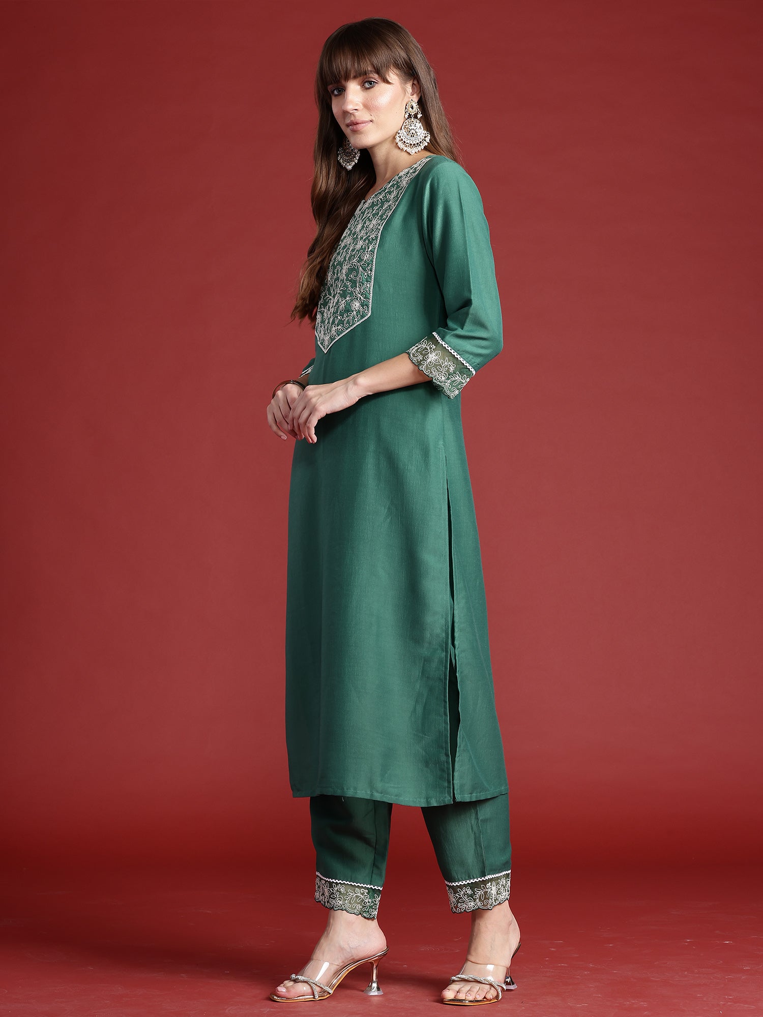 Indo Era Green Embroidered Straight Kurta Trousers With Dupatta set - Distacart