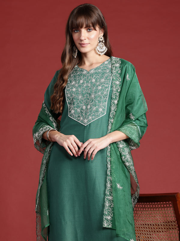 Indo Era Green Embroidered Straight Kurta Trousers With Dupatta set - Distacart
