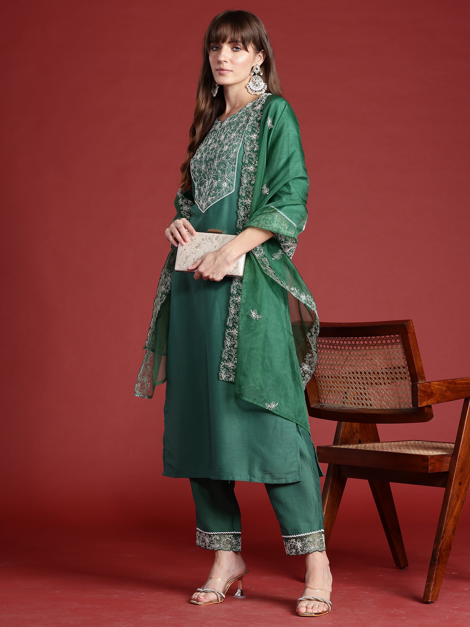 Indo Era Green Embroidered Straight Kurta Trousers With Dupatta set - Distacart