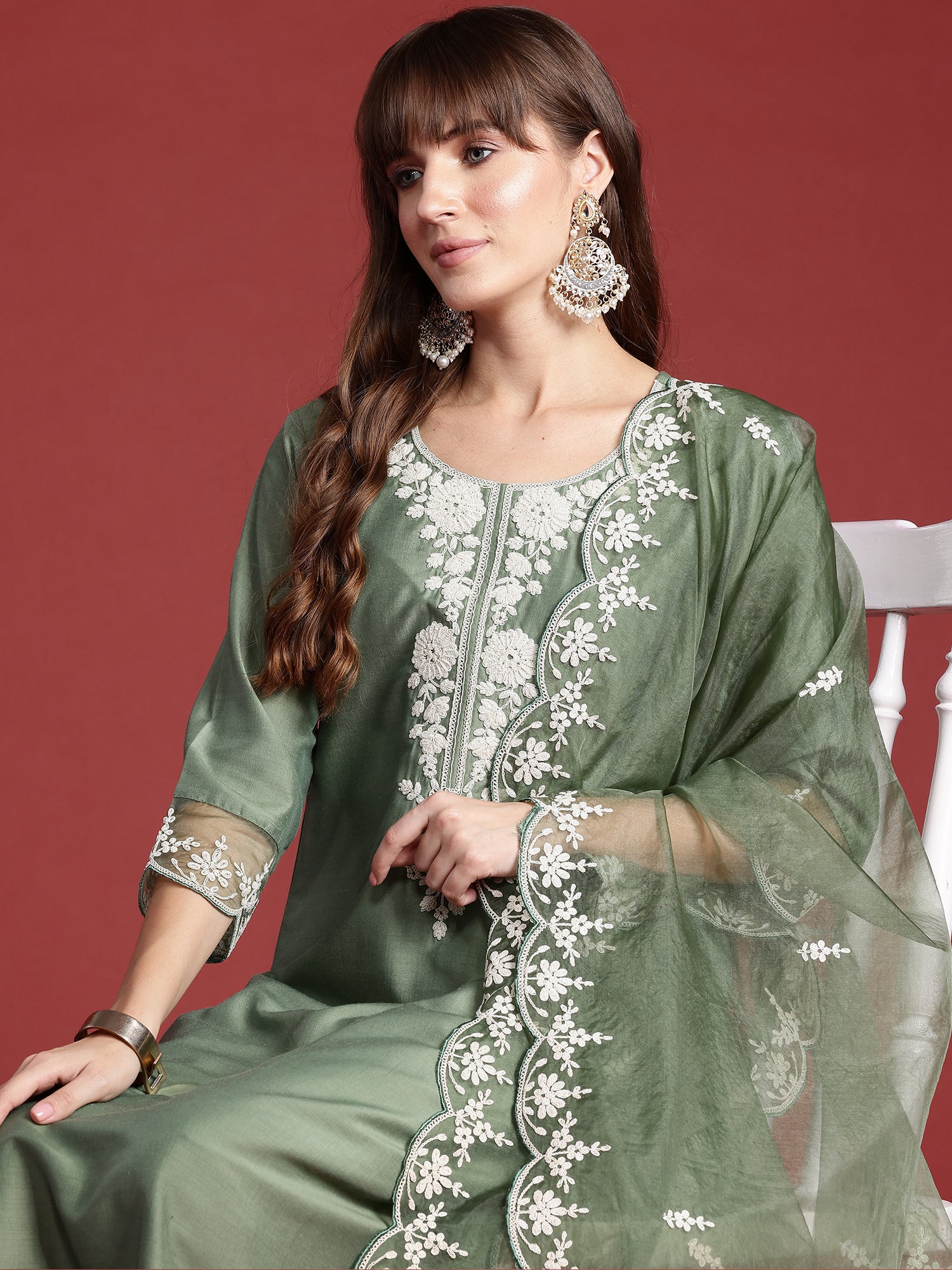 Indo Era Green Embroidered Straight Kurta Trousers With Dupatta set - Distacart