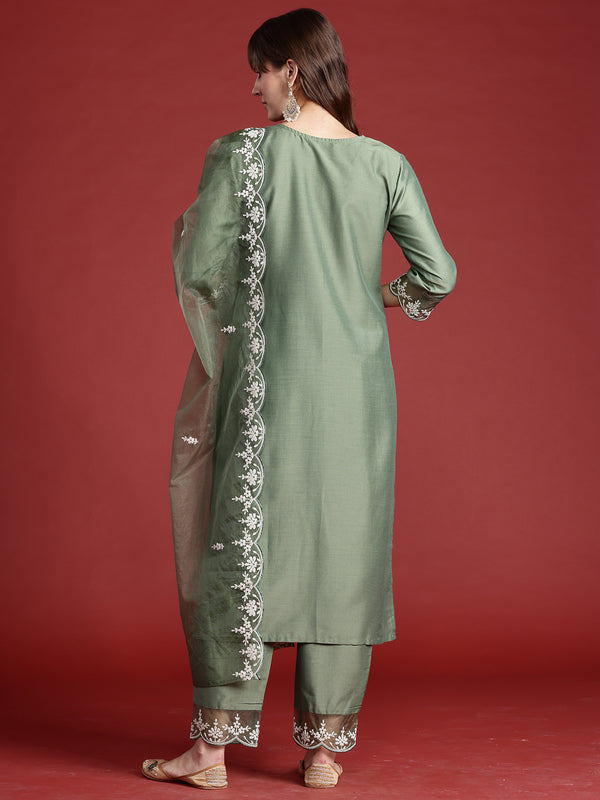 Indo Era Green Embroidered Straight Kurta Trousers With Dupatta set - Distacart