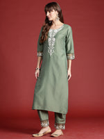 Thumbnail for Indo Era Green Embroidered Straight Kurta Trousers With Dupatta set - Distacart