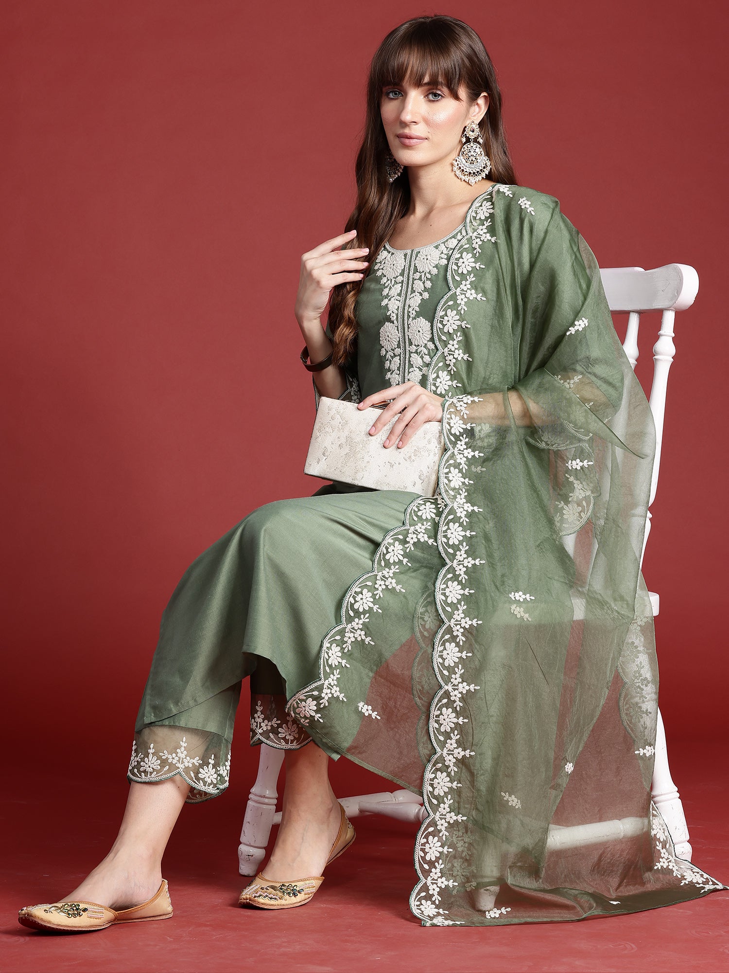 Indo Era Green Embroidered Straight Kurta Trousers With Dupatta set - Distacart