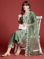 Thumbnail for Indo Era Green Embroidered Straight Kurta Trousers With Dupatta set - Distacart
