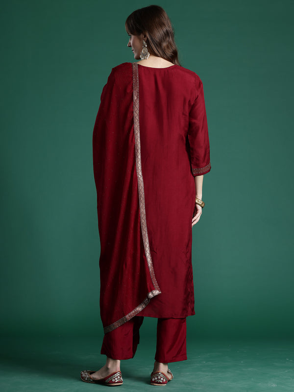 Indo Era Maroon Embroidered Straight Kurta Trousers With Dupatta set - Distacart