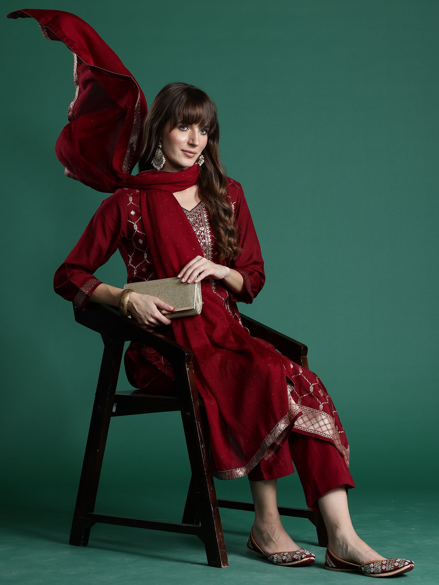 Indo Era Maroon Embroidered Straight Kurta Trousers With Dupatta set - Distacart