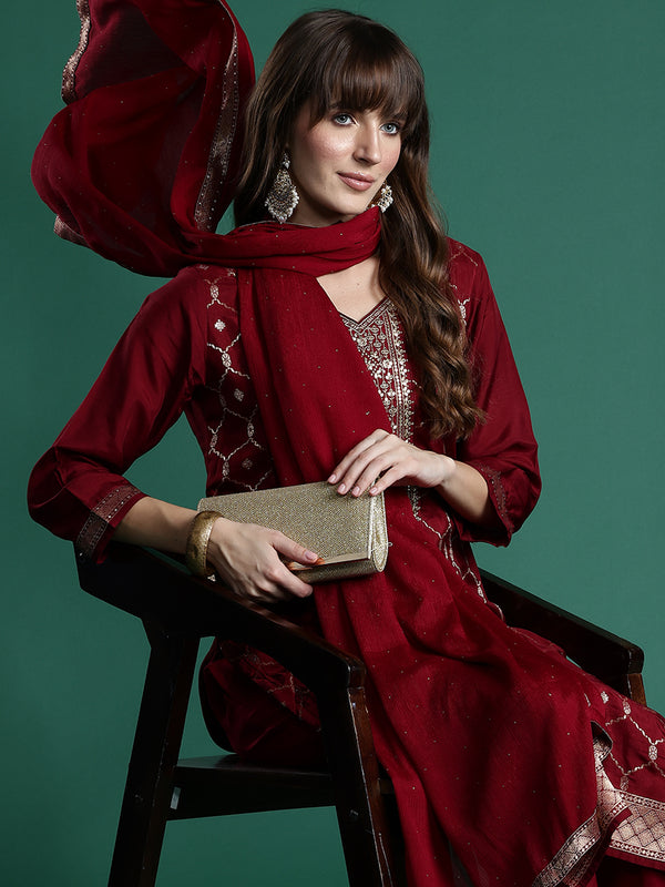 Indo Era Maroon Embroidered Straight Kurta Trousers With Dupatta set - Distacart