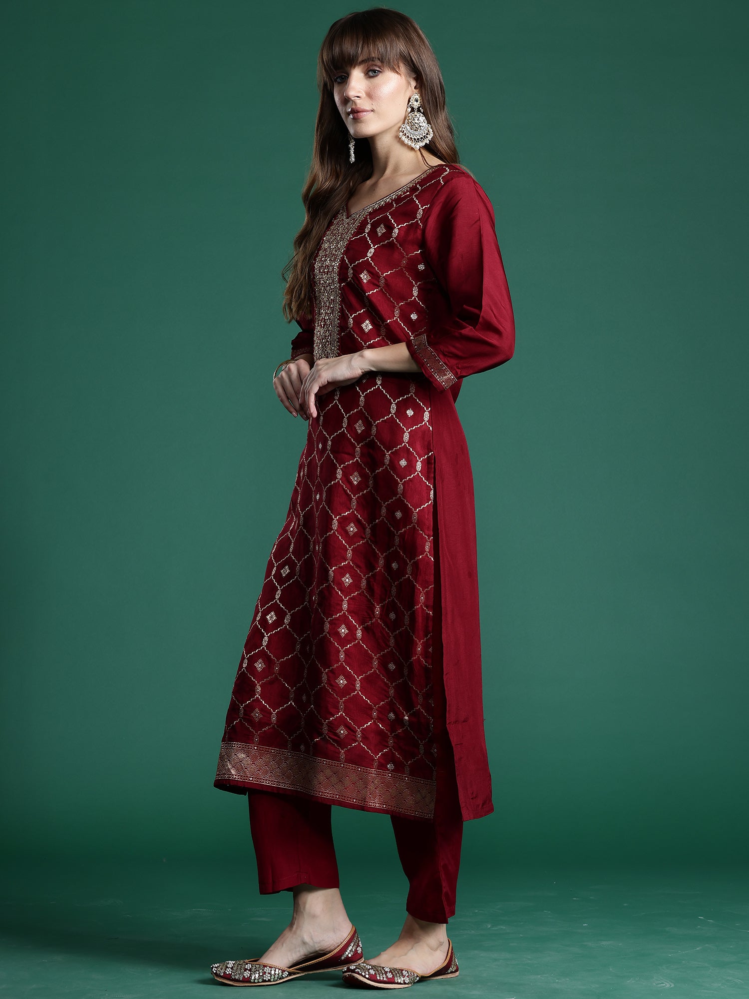 Indo Era Maroon Embroidered Straight Kurta Trousers With Dupatta set - Distacart