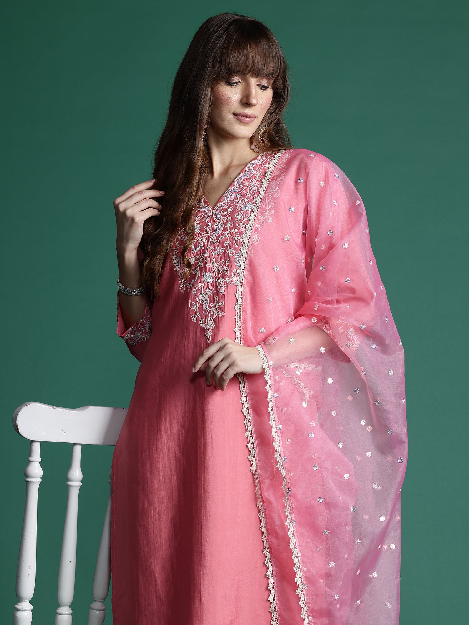 Indo Era Pink Embroidered Straight Kurta Trousers With Dupatta Set - Distacart