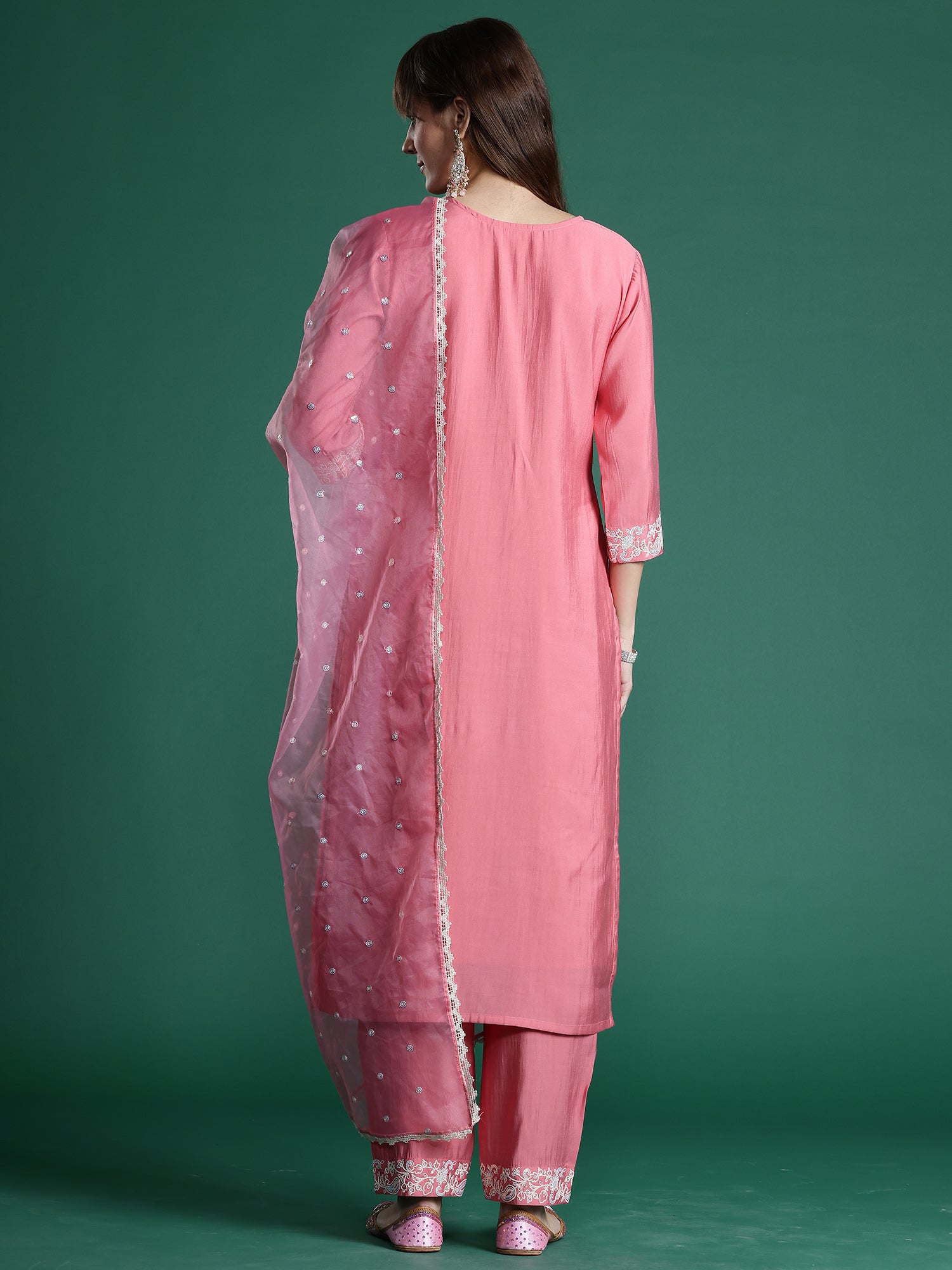 Indo Era Pink Embroidered Straight Kurta Trousers With Dupatta Set - Distacart