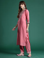 Thumbnail for Indo Era Pink Embroidered Straight Kurta Trousers With Dupatta Set - Distacart