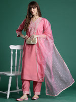 Thumbnail for Indo Era Pink Embroidered Straight Kurta Trousers With Dupatta Set - Distacart
