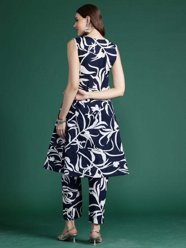 Indo Era Blue Printed A-Line Kurta Trousers set - Distacart