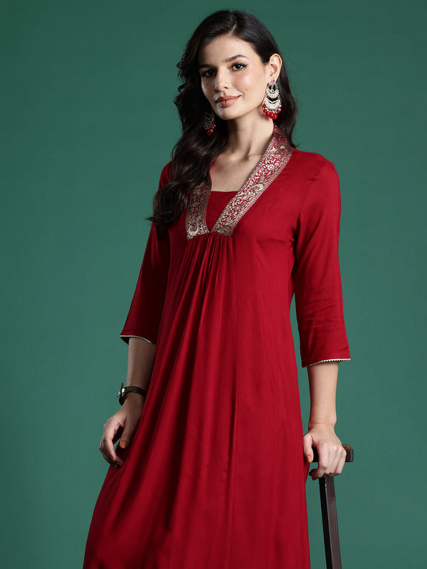 Indo Era Maroon Woven Design A-Line Kurta Trousers Set - Distacart