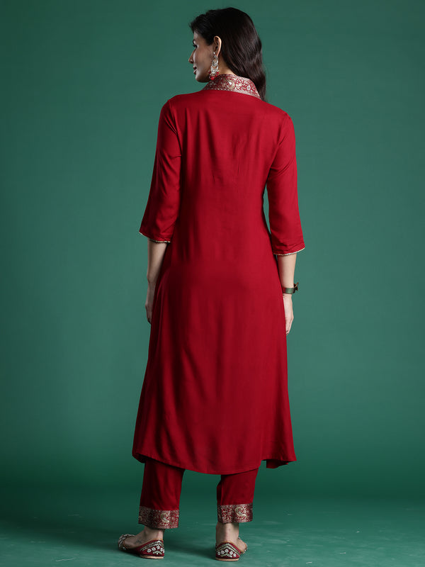 Indo Era Maroon Woven Design A-Line Kurta Trousers Set - Distacart