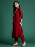 Thumbnail for Indo Era Maroon Woven Design A-Line Kurta Trousers Set - Distacart