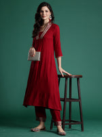 Thumbnail for Indo Era Maroon Woven Design A-Line Kurta Trousers Set - Distacart