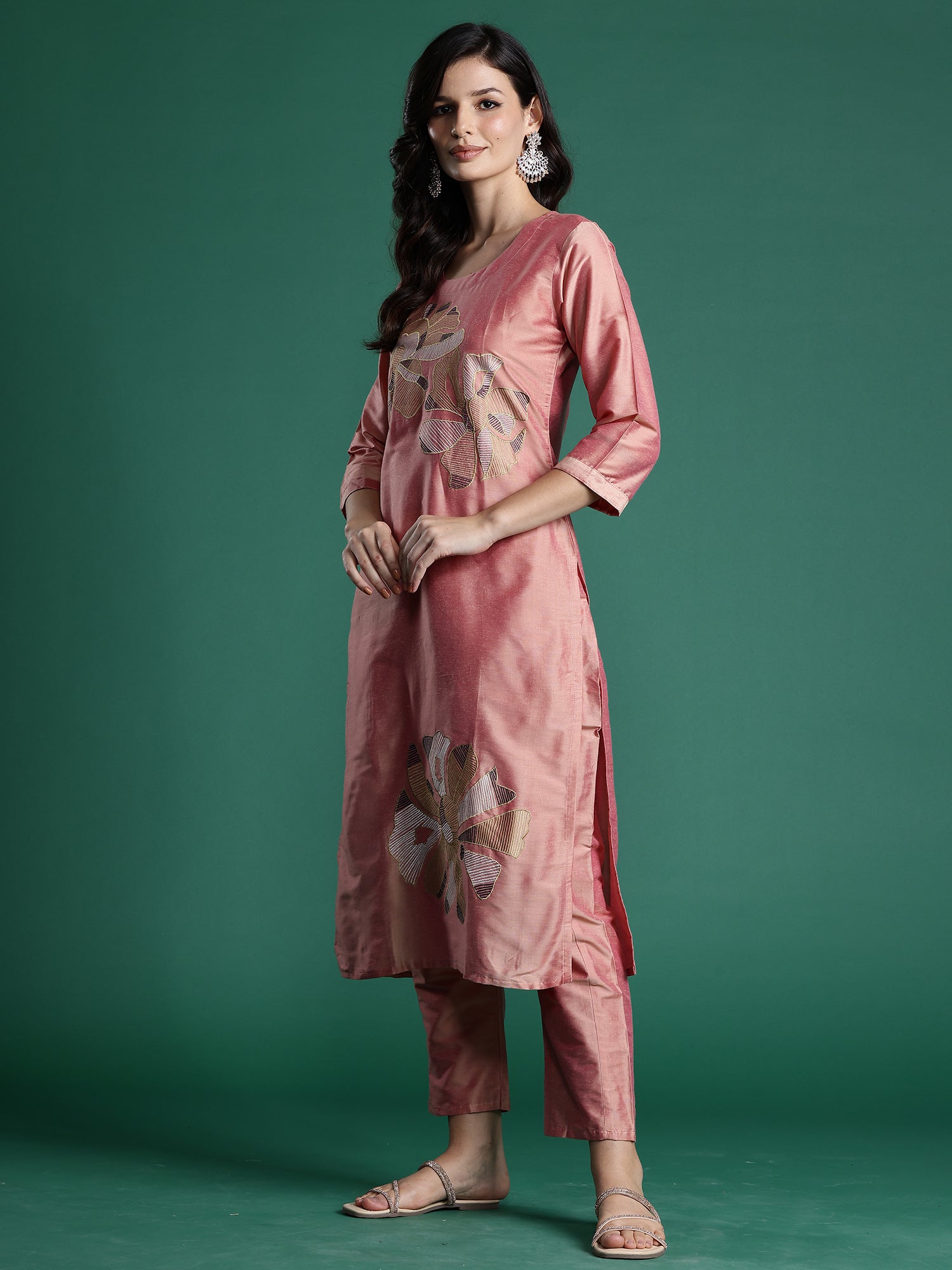 Indo Era Peach Embroidered Straight Kurta Trousers set - Distacart