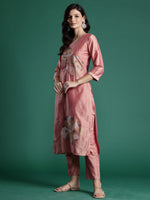 Thumbnail for Indo Era Peach Embroidered Straight Kurta Trousers set - Distacart