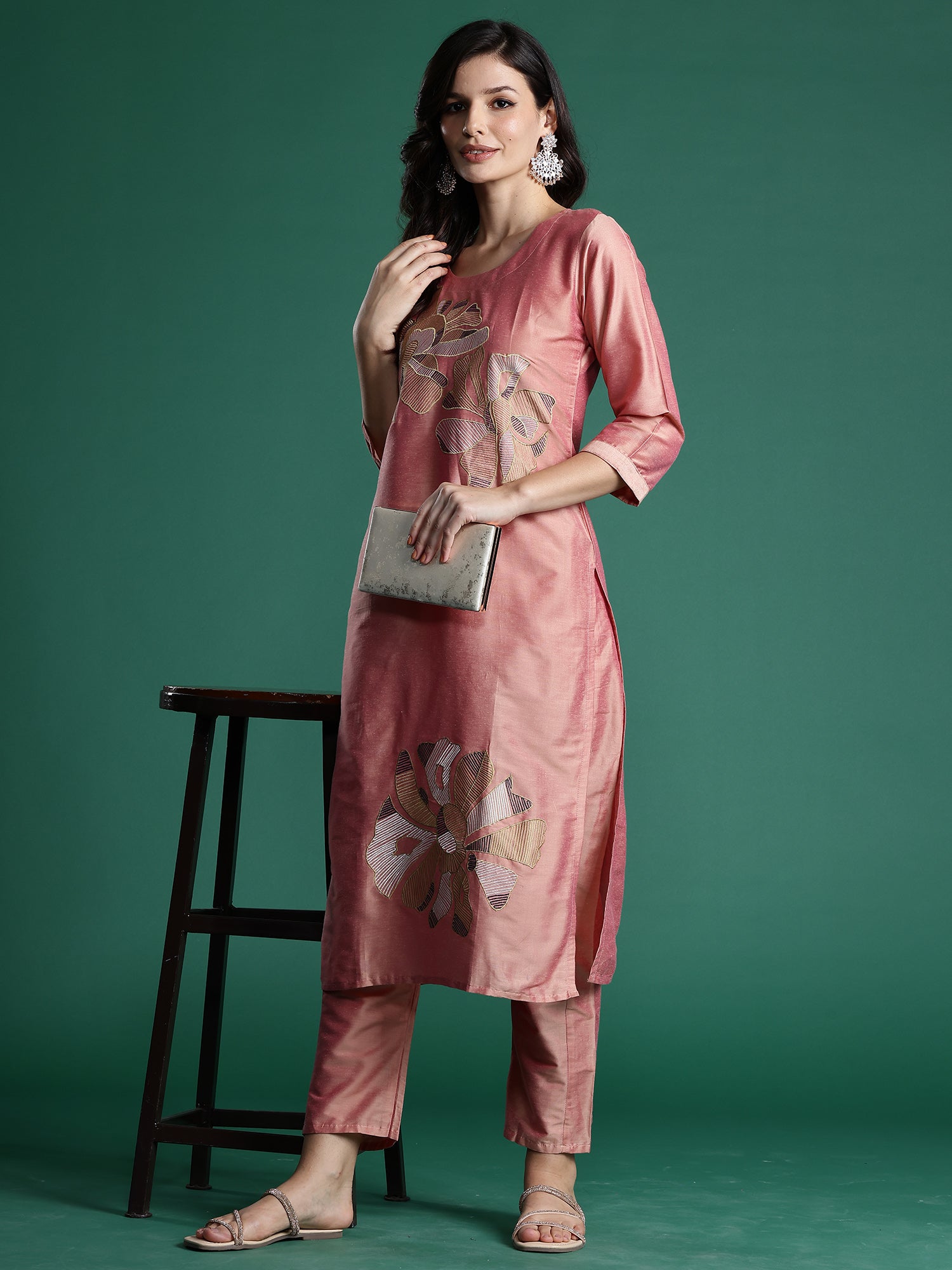 Indo Era Peach Embroidered Straight Kurta Trousers set - Distacart