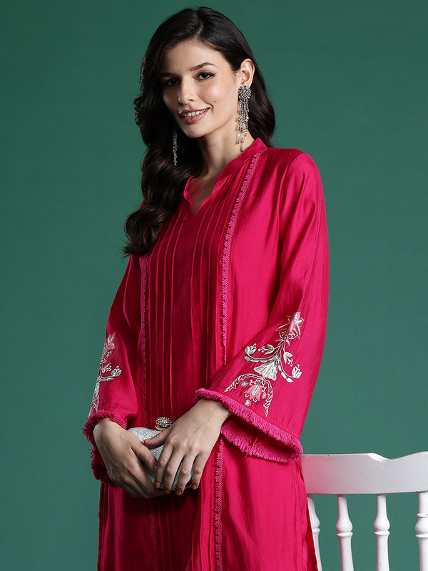 Indo Era Pink Self Design Straight Kurta Trousers set - Distacart