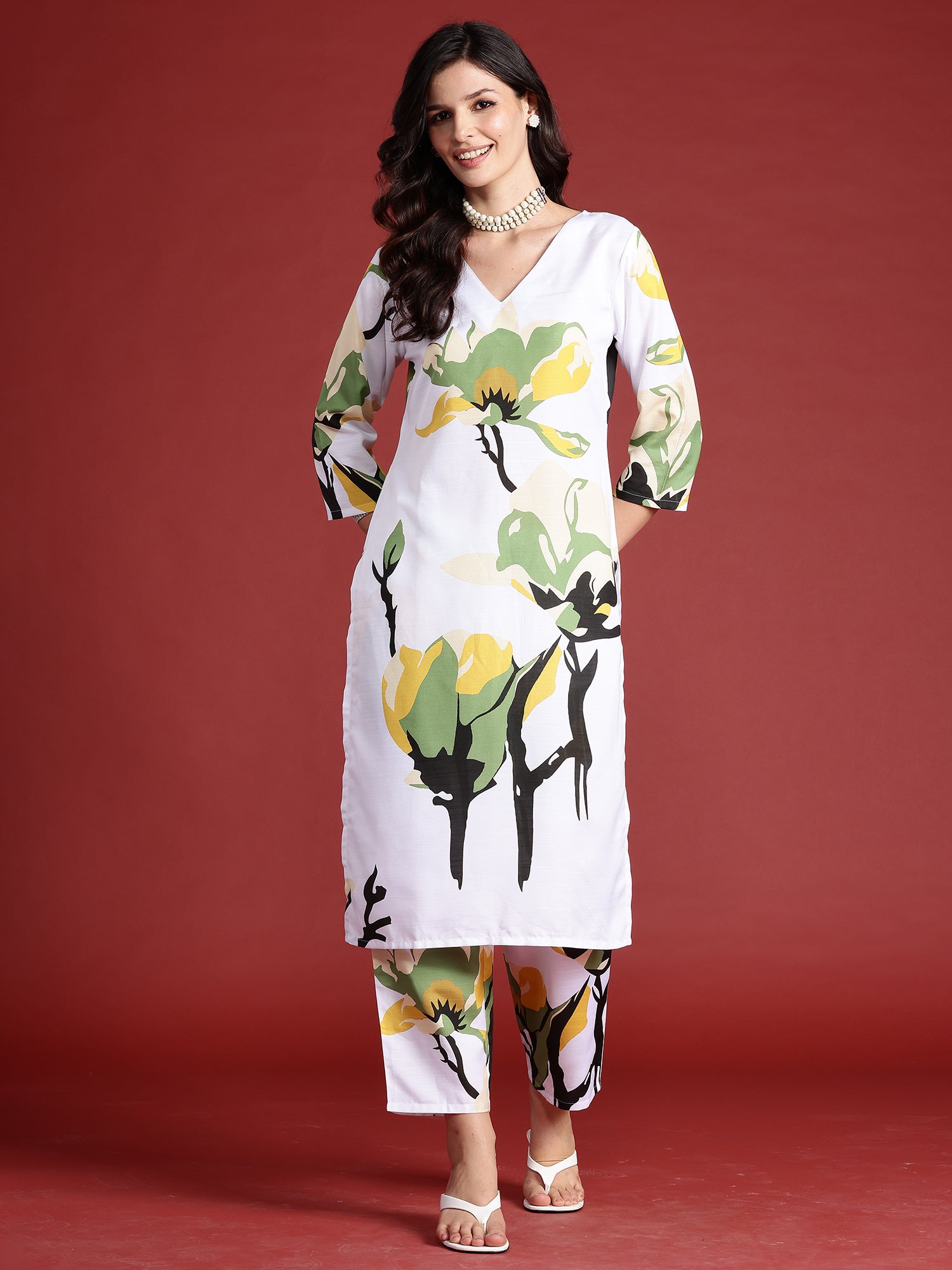 Indo Era White Printed Straight Kurta Trousers set - Distacart