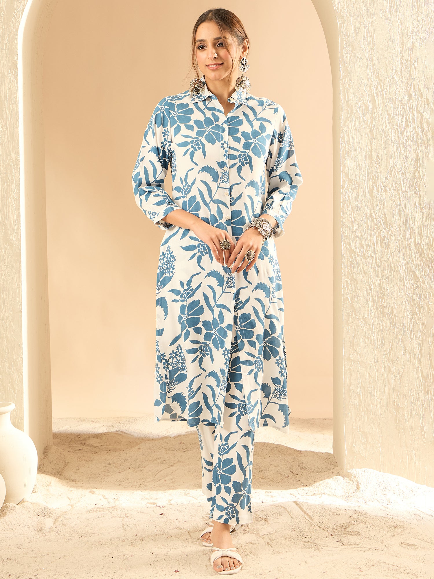 Indo Era White Printed Straight Kurta Trousers set - Distacart