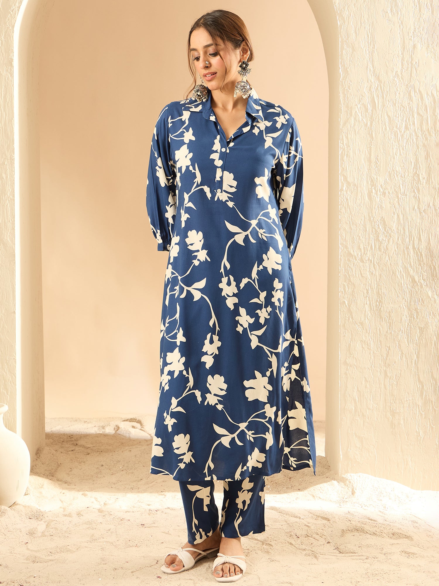 Indo Era Blue Printed Straight Kurta Trousers set - Distacart