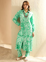 Thumbnail for Indo Era Green Printed Straight Kurta Trousers set - Distacart