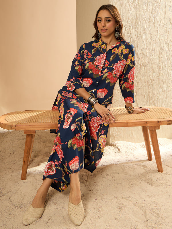 Indo Era Blue Printed Straight Kurta Palazzos Set - Distacart