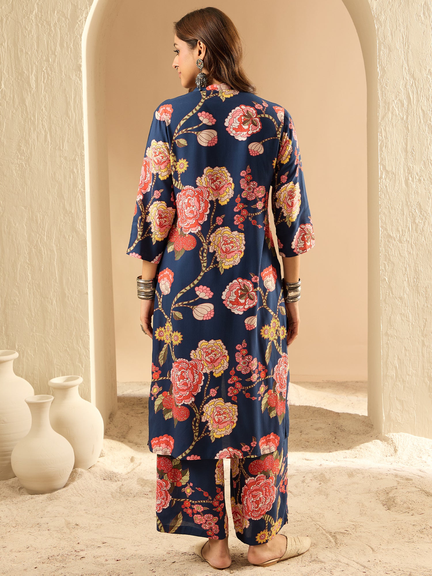 Indo Era Blue Printed Straight Kurta Palazzos Set - Distacart