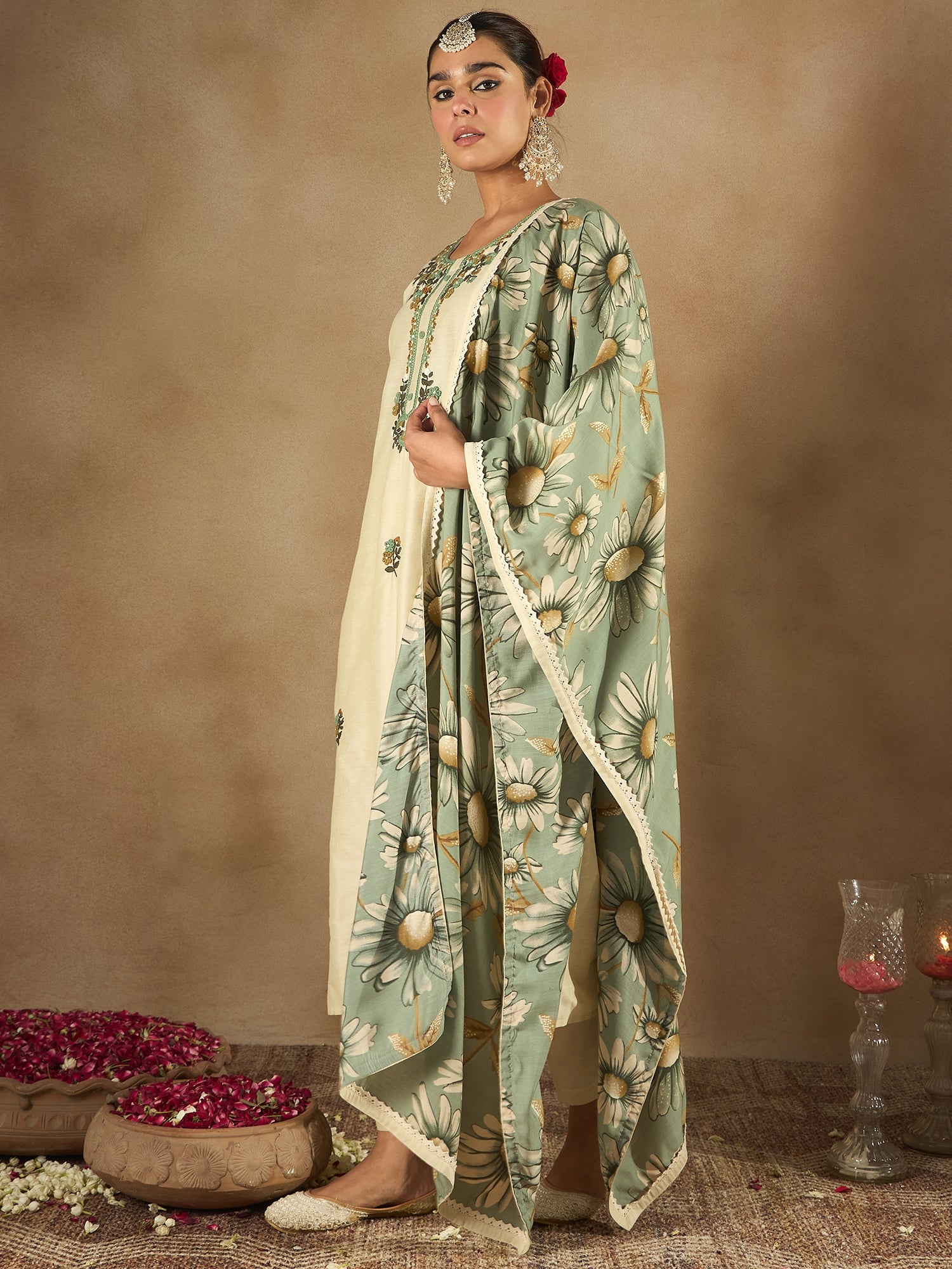 Indo Era Cream Embroidered Straight Kurta Trousers With Dupatta Set - Distacart