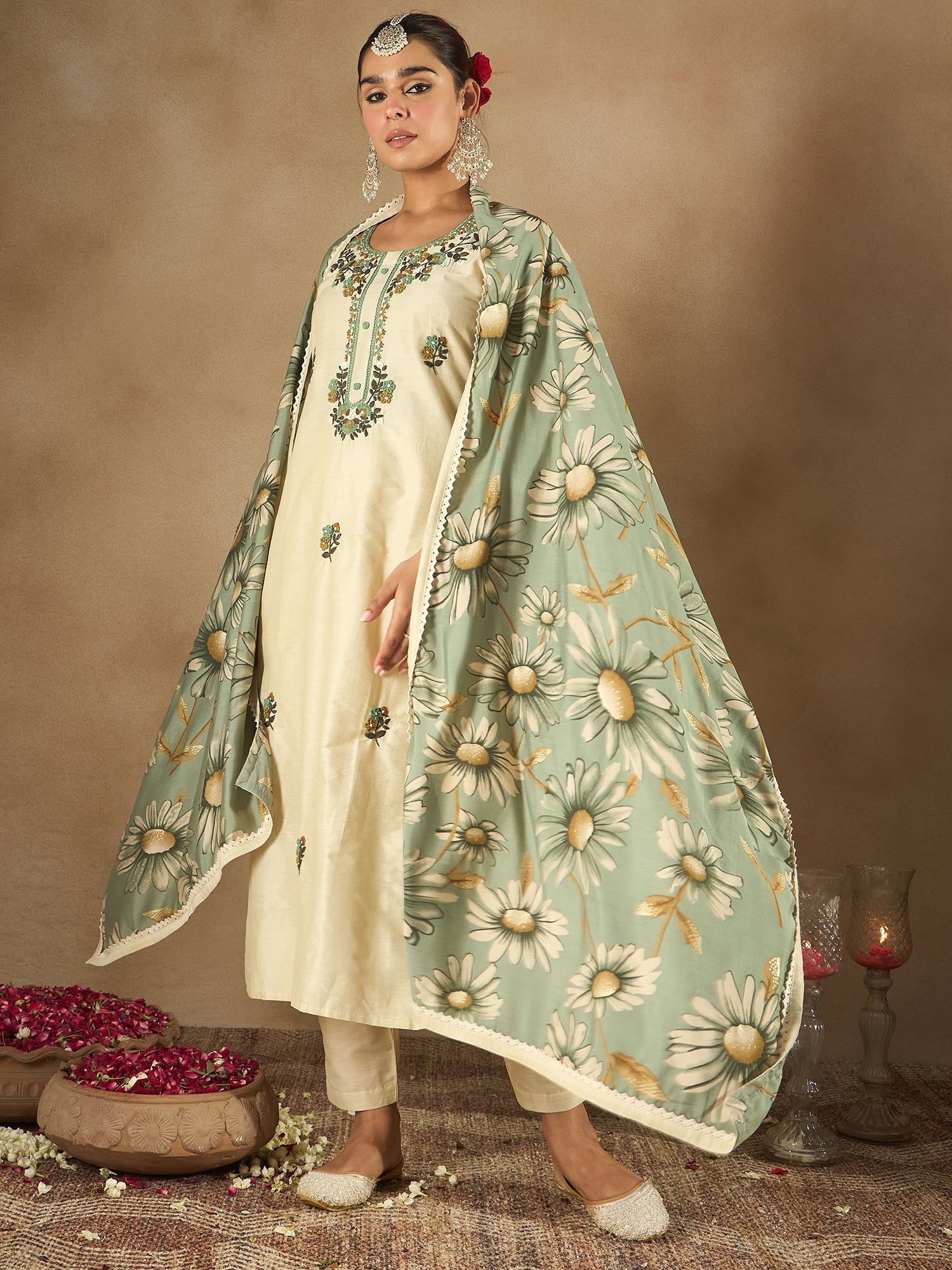 Indo Era Cream Embroidered Straight Kurta Trousers With Dupatta Set - Distacart
