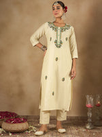 Thumbnail for Indo Era Cream Embroidered Straight Kurta Trousers With Dupatta Set - Distacart