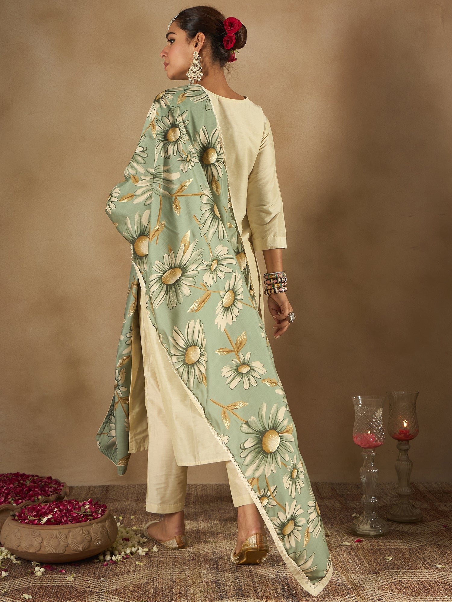 Indo Era Cream Embroidered Straight Kurta Trousers With Dupatta Set - Distacart