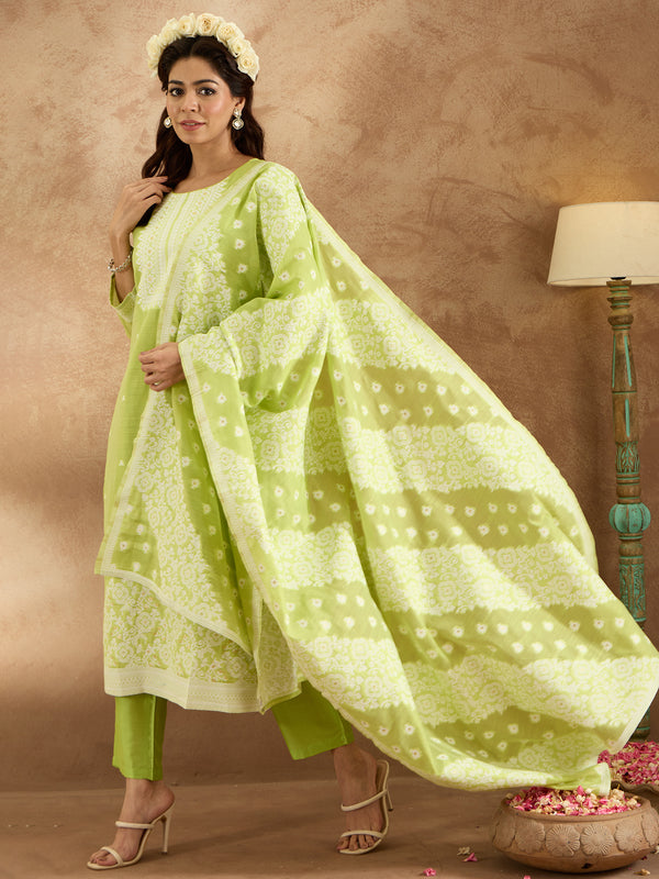 Indo Era Green Woven Design Straight Kurta Trousers With Dupatta set - Distacart