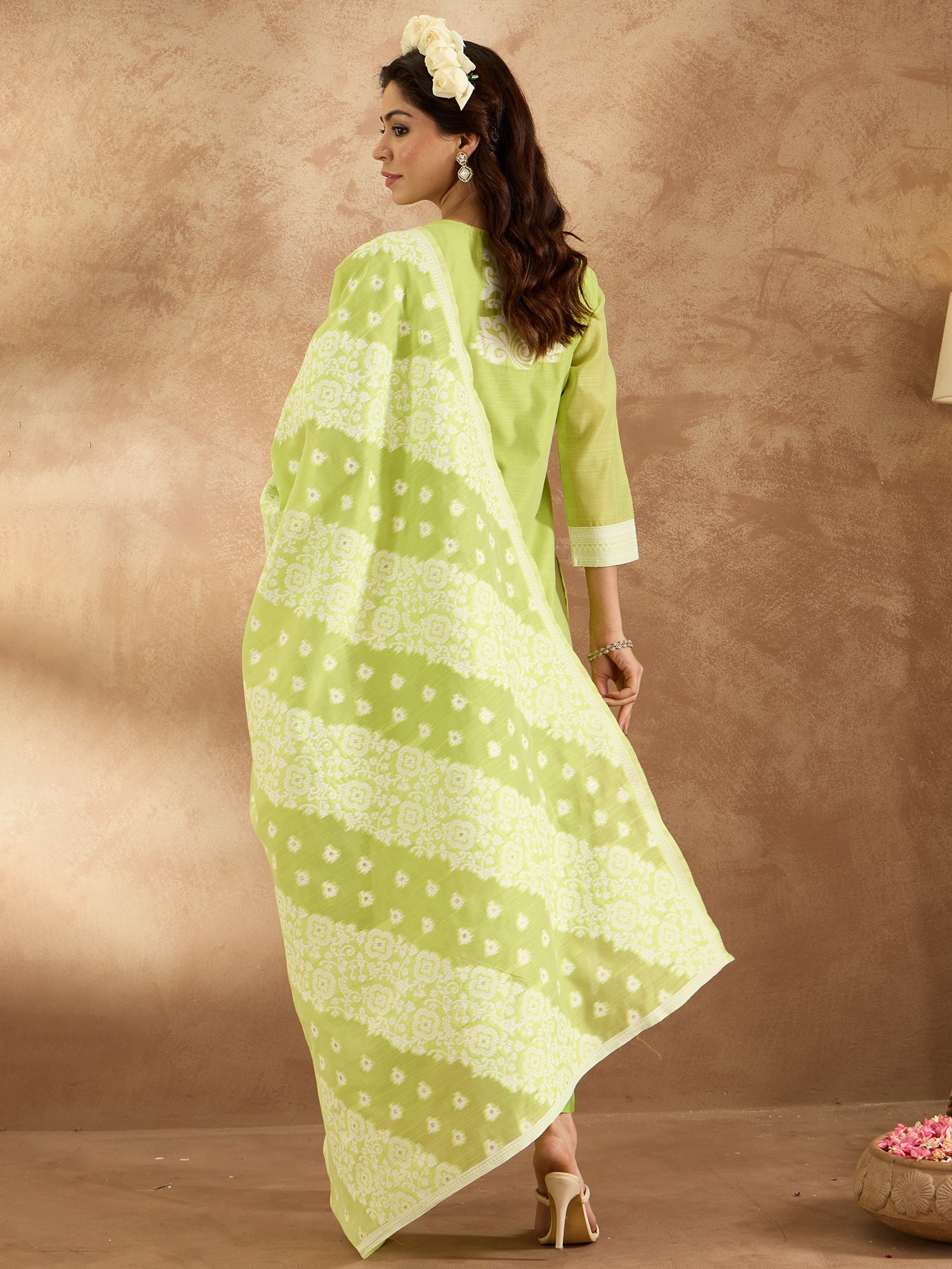Indo Era Green Woven Design Straight Kurta Trousers With Dupatta set - Distacart