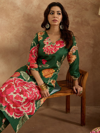 Indo Era Green Printed Straight Kurta Trousers Set - Distacart