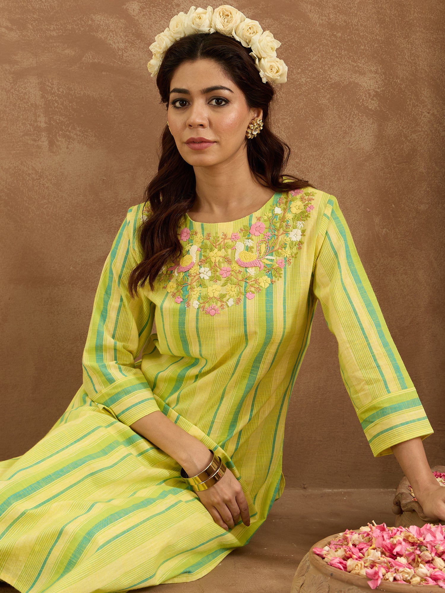Indo Era Yellow Embroidered Straight Kurta Trousers Set - Distacart