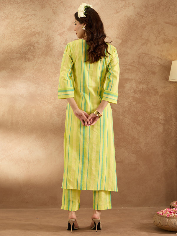 Indo Era Yellow Embroidered Straight Kurta Trousers Set - Distacart