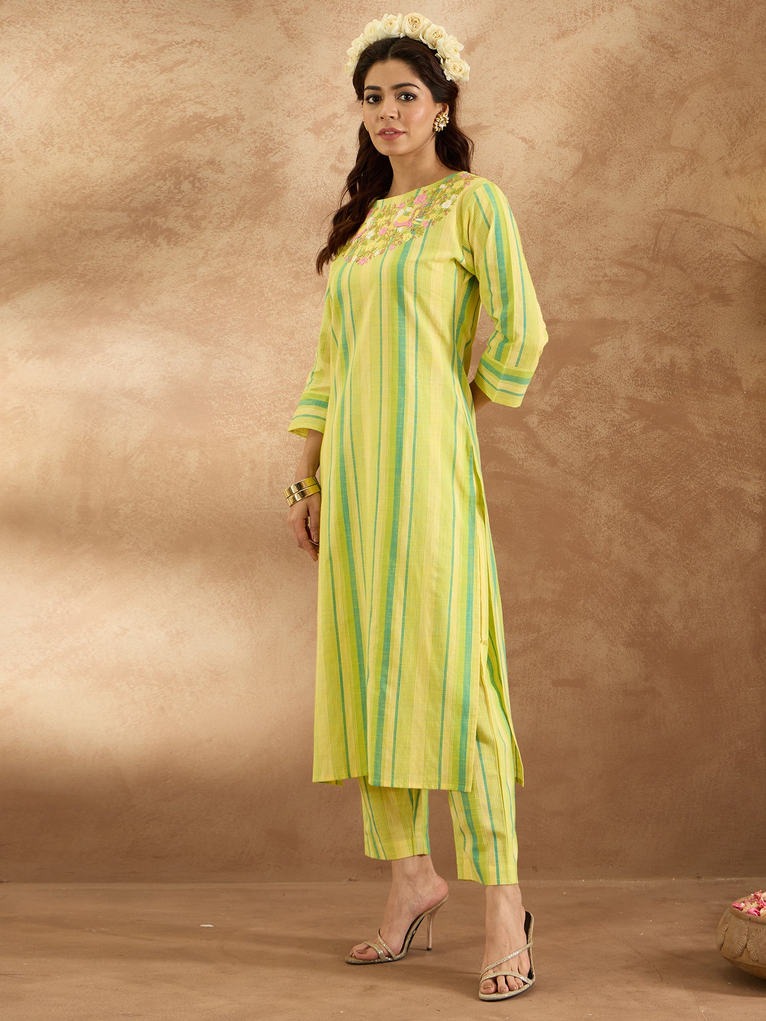 Indo Era Yellow Embroidered Straight Kurta Trousers Set - Distacart