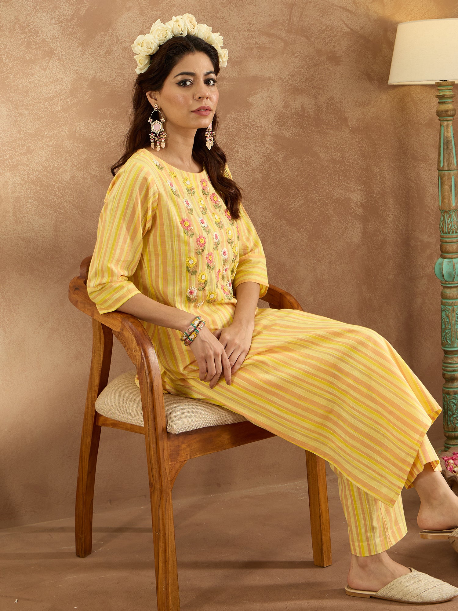 Indo Era Mustard Embroidered Straight Kurta Trousers Set - Distacart