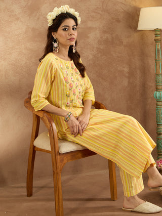 Indo Era Mustard Embroidered Straight Kurta Trousers Set - Distacart
