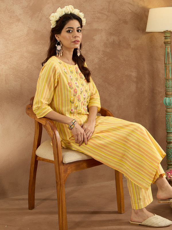 Indo Era Mustard Embroidered Straight Kurta Trousers Set - Distacart