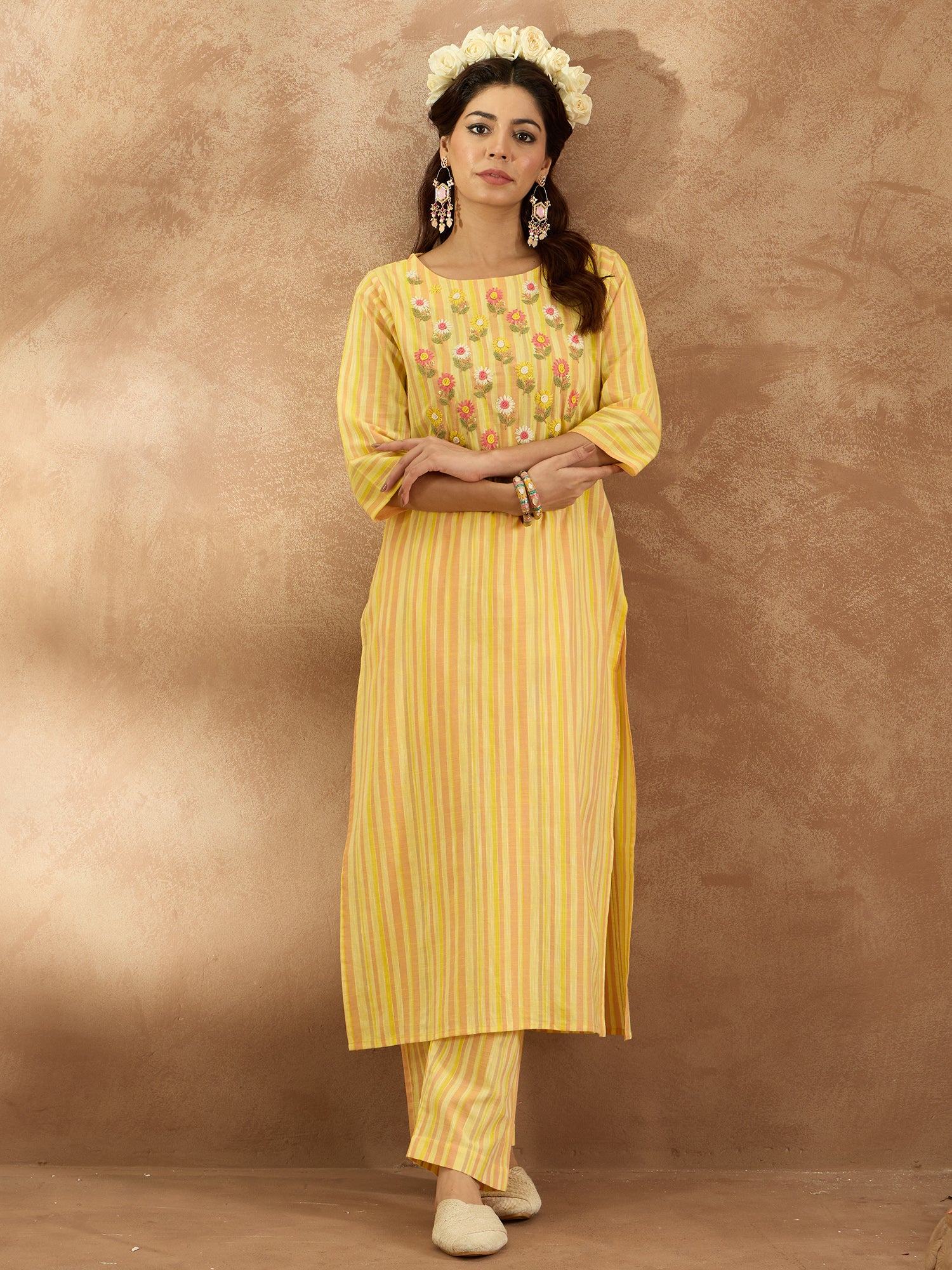 Indo Era Mustard Embroidered Straight Kurta Trousers Set - Distacart