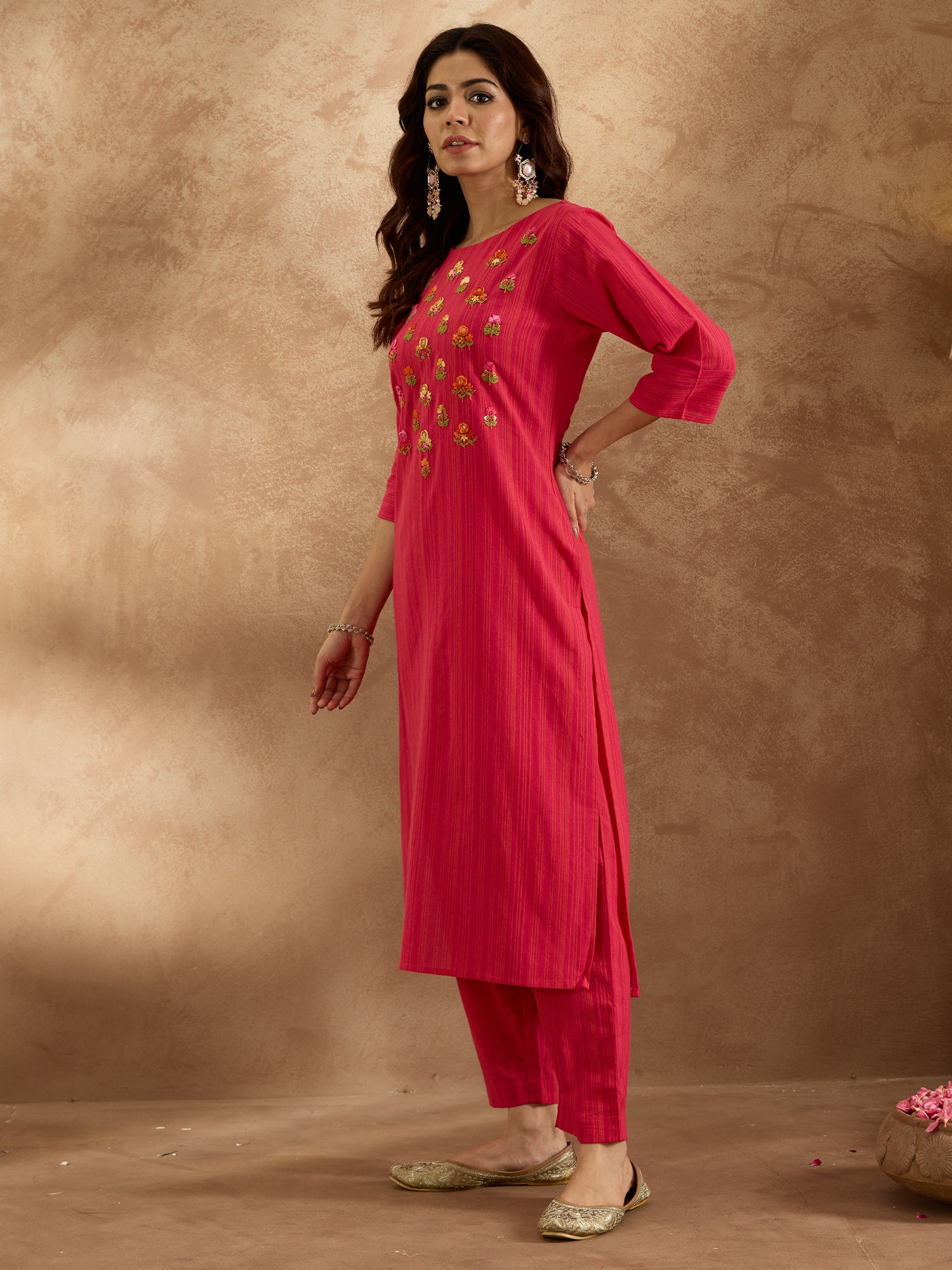 Indo Era Pink Embroidered Straight Kurta Trousers Set - Distacart