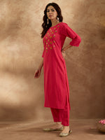 Thumbnail for Indo Era Pink Embroidered Straight Kurta Trousers Set - Distacart