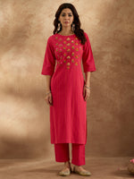 Thumbnail for Indo Era Pink Embroidered Straight Kurta Trousers Set - Distacart